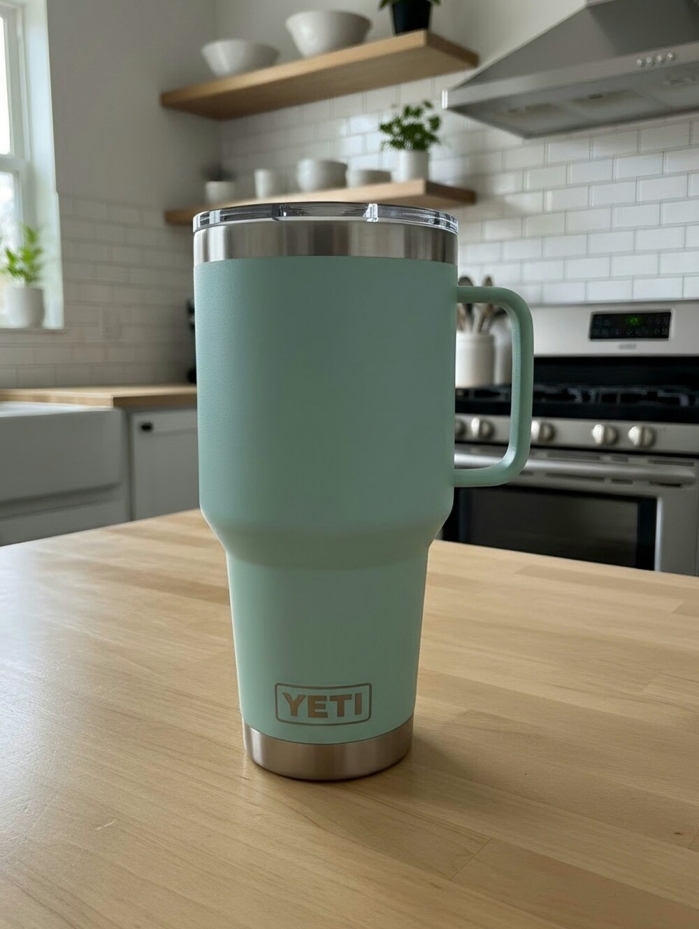 YETI Rambler w/Handle 35oz. Sea Foam Aqua Travel Mug w/Magslide Lid.